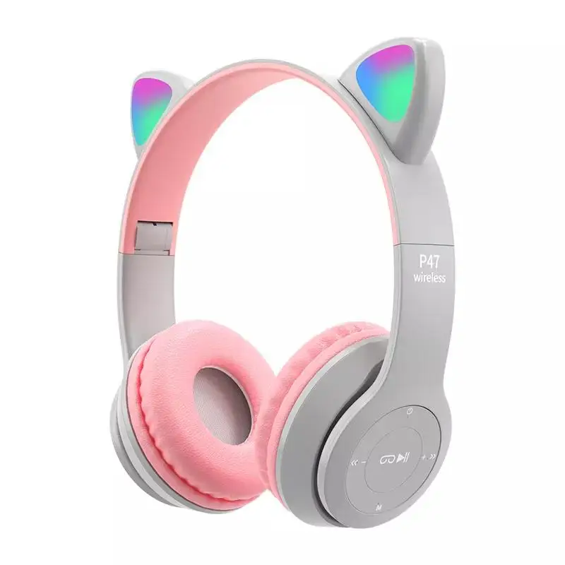 Big Wireless Headphones Cute Cat Ear LED Light Bluetooth Earphones Foldable Headphone Over Ear Wired Headset for Smartphone PC images - 6