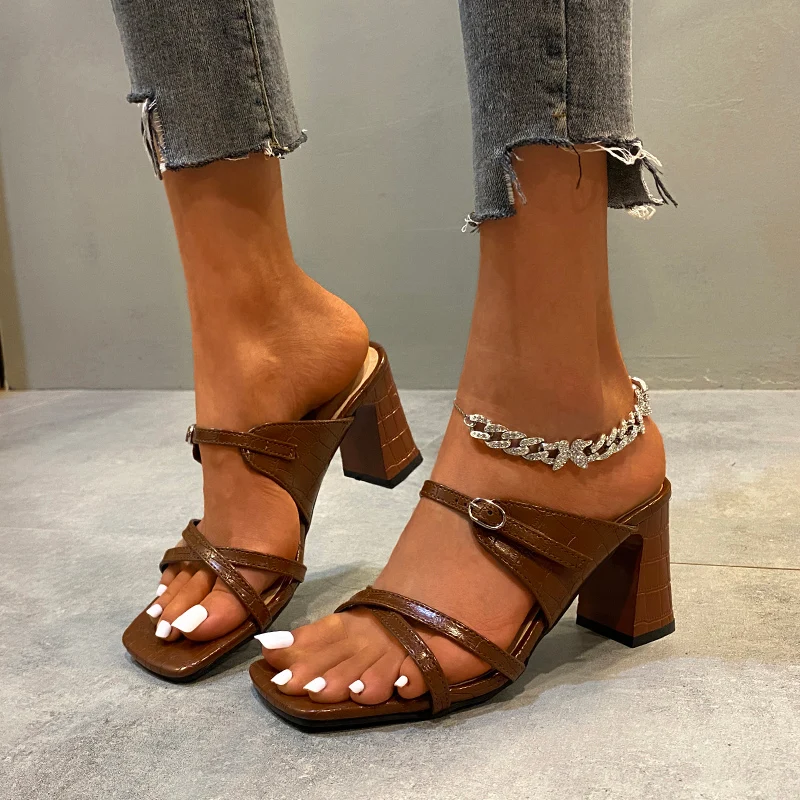 

SUNNYS New Arrival 2022 Women Sandals Brown Summer Designer Shoes Thick Heel Cross Upper Women Shoes Quality Leather Mules