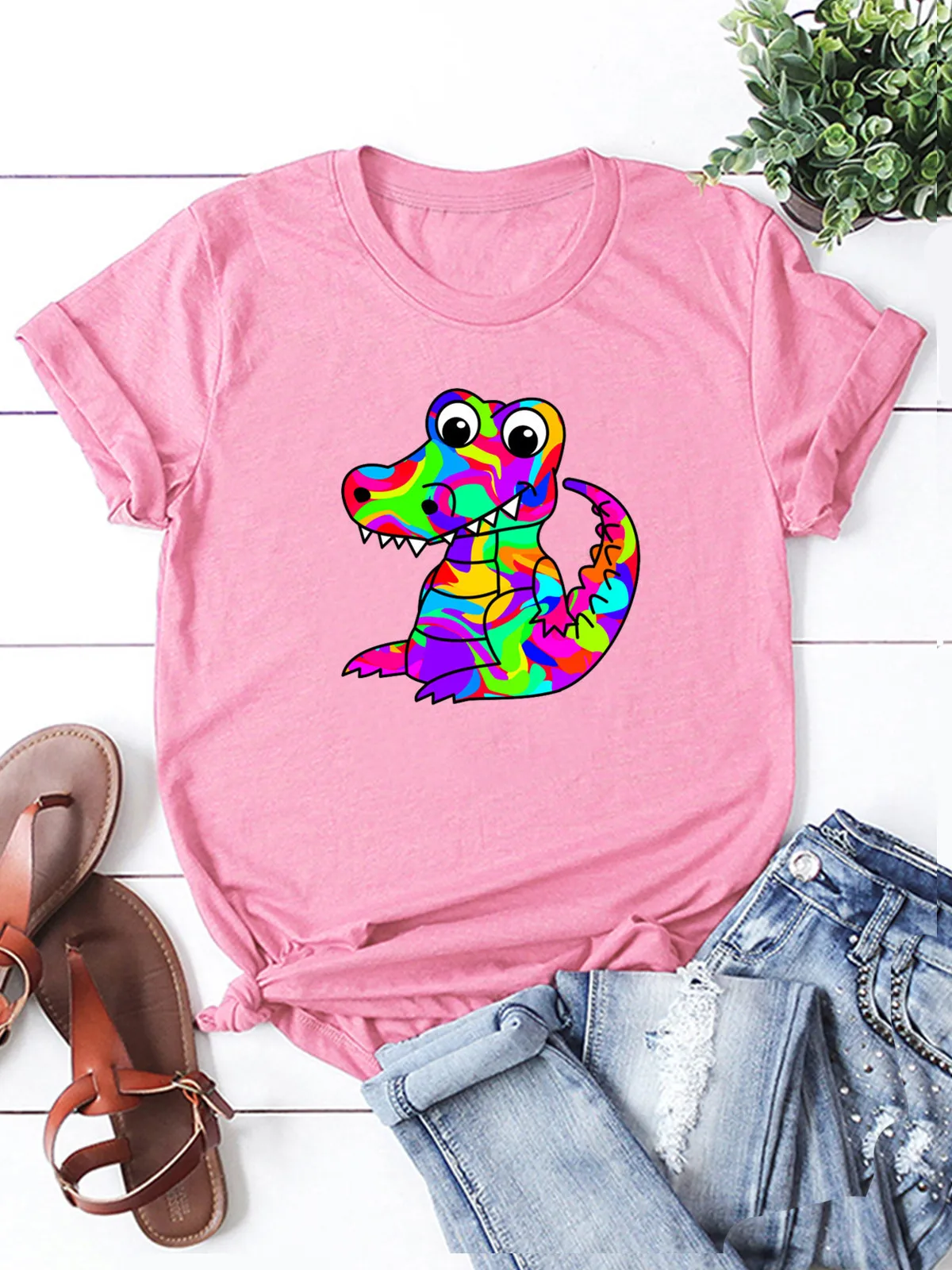 Hot Selling Funny Dinosaur Pattern Printed Short Sleeve T-shirt Women's Fashion Casual Crewneck Girl T-shirts Aesthetic Clothes
