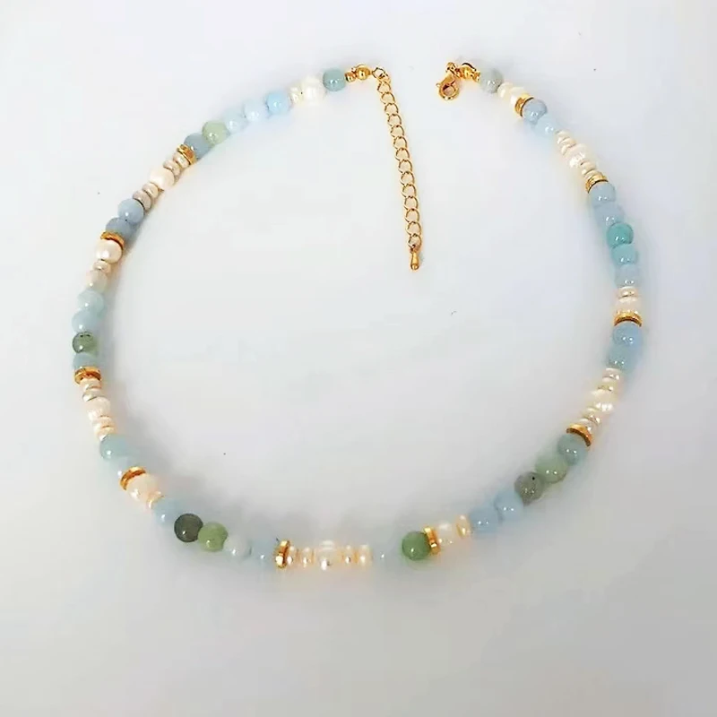 Summer New Blue Green Natural Stone Necklace Handmade Irregular Freshwater Pearls Embellish Jewelry Banquet Party Collar