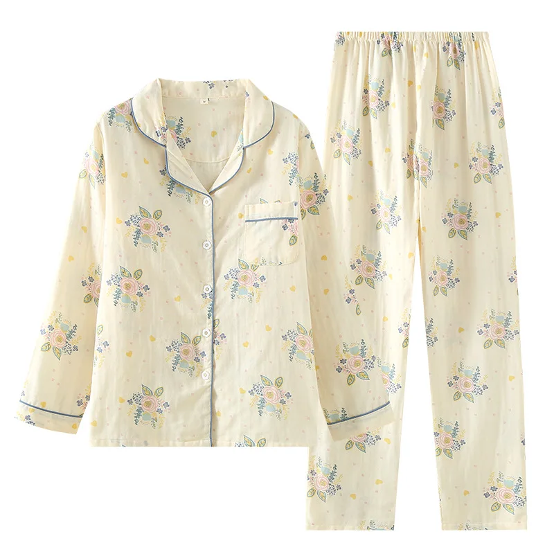 Женский пижамный комплект из чистого хлопка с принтом осенне-зимняя домашняя