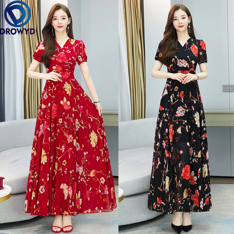 

Женское шифоновое платье-макси с V-образным вырезом и коротким рукавом