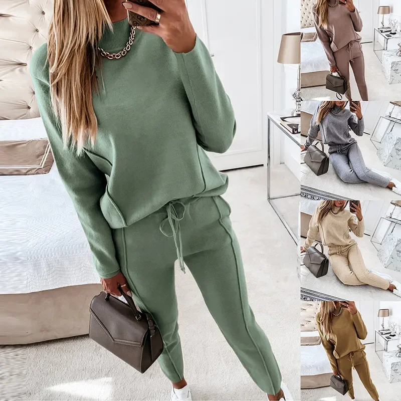 

Women Two Piece Sets Tracksuit Turtleneck Sweatshirt Drawstring Pants Suit Female Spring Autumn Long Sleeve Pullover Sports Set