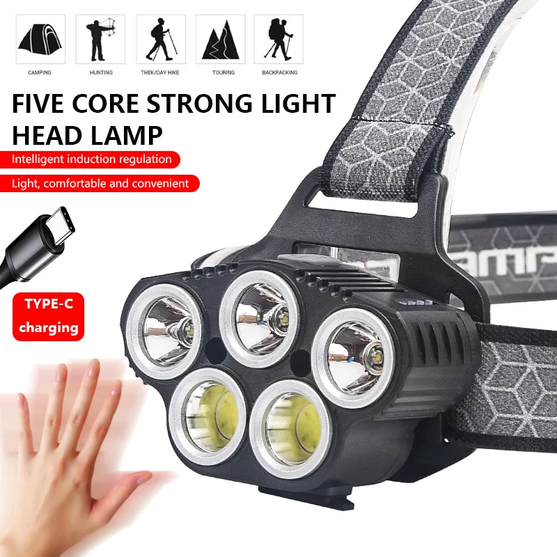 Новый 5-ядерный Мощный светодиодный индукционный головной USB-зарядсветильник со