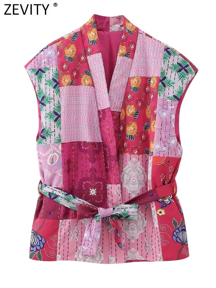 

Zevity Women Fashion Cloth Patchwork Floral Print Quilted Cotton Vest Jacket Female Sleeveless Kimono Belt WaistCoat Tops CT5277