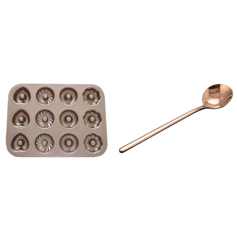 

1 Pcs 304 Stainless Steel Coffee Spoon With Long Handle & 1 Pcs 12-Cavity Non-Stick Pattern Doughnut Bakeware