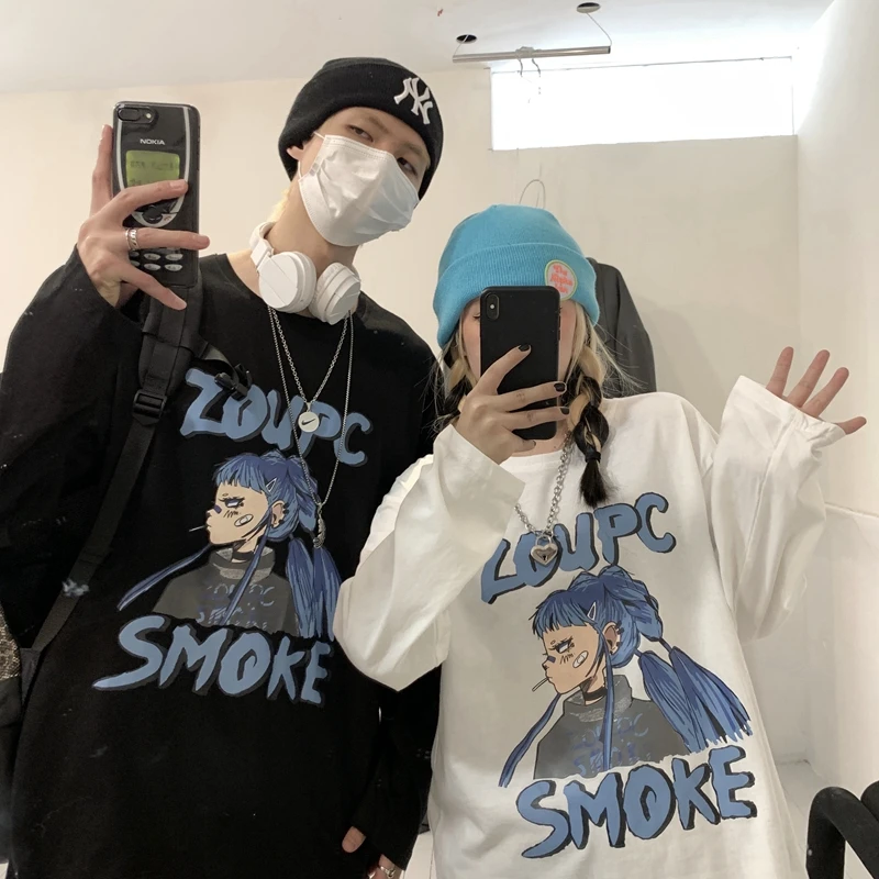 

Oversized Long-sleeved Bottoming Shirt Cartoon Anime Print Long sleeve Men Woman clothing vintage pulovers clothes Spring Tshirt