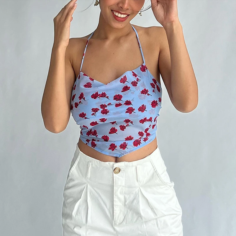 

Chic Women Backless Bandage Crop Top Floral Print Sleeveless Halter Top Summer Sexy Chest Wrap Camisole Holiday Streetwear
