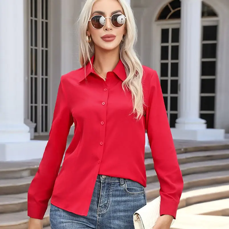 

Женская Однотонная рубашка-поло с длинным рукавом и воротником-поло