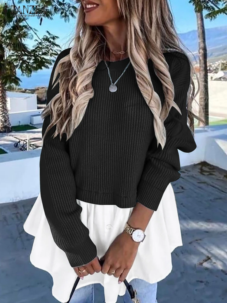 

ZANZEA Fashion Solid Kniited Tops Women Chiffon Stitching Long Sleeve Tunic Elegant O Neck All-match Pullover Autumn 2022 Blusas