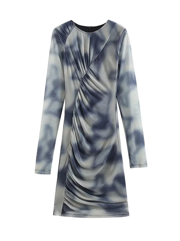 

2023 Summer Women Fashion Pleated Printed Silk Mesh Mini Dress Sexy O Neck Long Sleeve Dresses Chic Bag Hip Party Club Vestidos