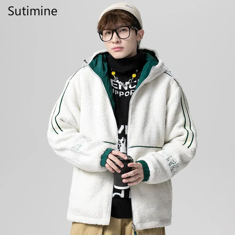Winter Coat Youthful Vitality Turn-down Hooded Youth Casual Loose Cotton Coat Daily Lamb Coat Pockets Zipper Men Clothing