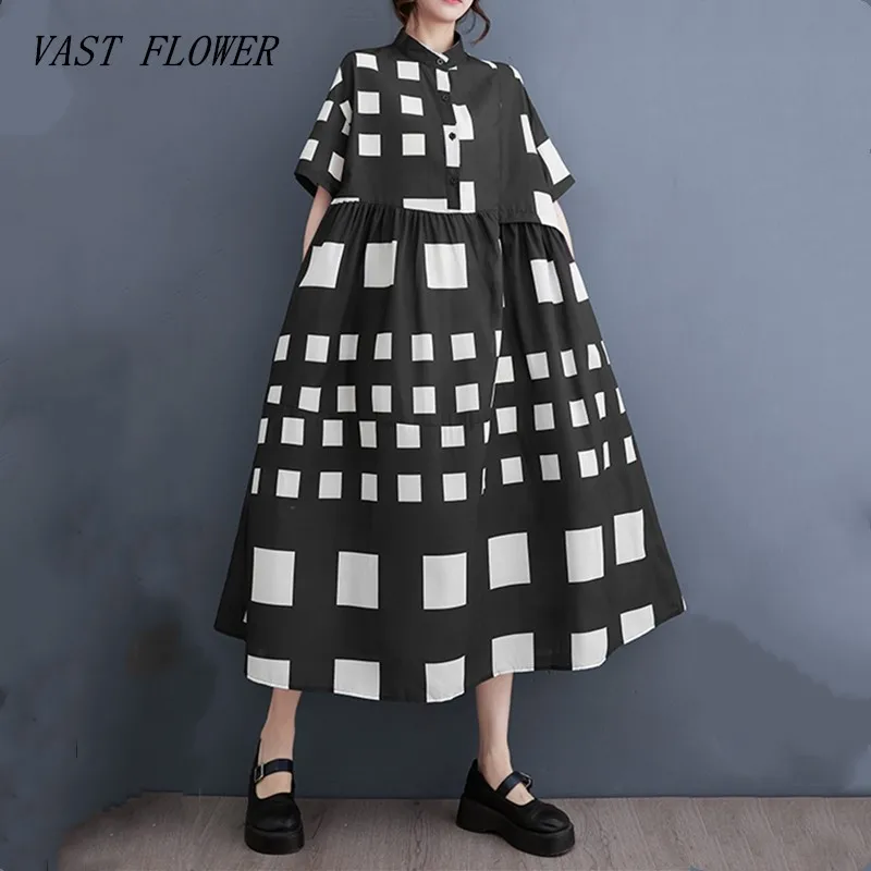 

short sleeve oversized black vintage plaid new in dresses for women casual loose long summer dress elegant clothing 2023