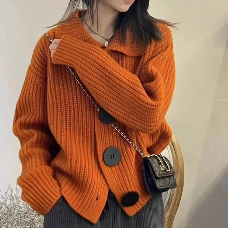 

Korean Lazy Casual Style Sweater Jacket Women Loose Vintage Knitted Cardigan Lapel Large Buttons Long Sleeve Sweater Tops Coat