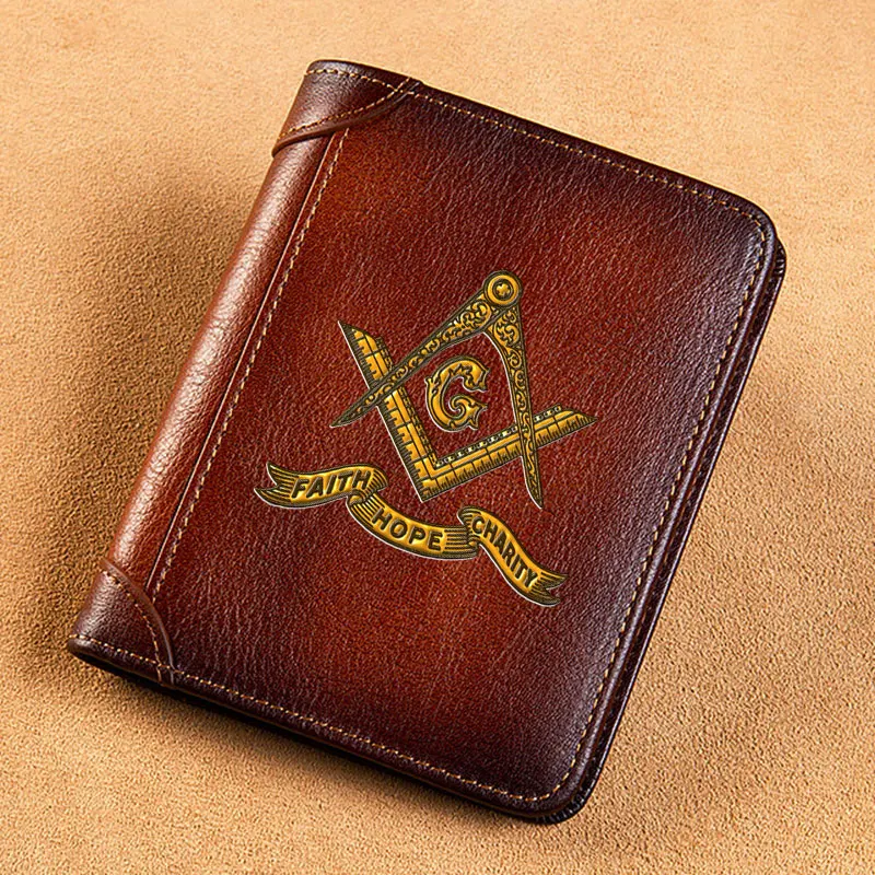 Billetera de cuero genuino de alta calidad, monedero estándar con impresión de Freemason, Faith, Hope, Charity, BK442