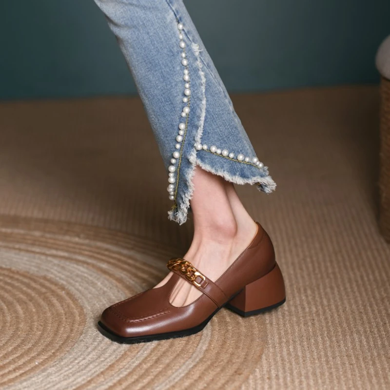 

2022 Spring/Autumn Women Shoes Square Toe Thick Heel Shoes for Women Metal Chain Cow Leather Shoes Retro Mary Janes Female Shoes