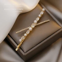 2022 new elegant pearl crystal cross hairpin korean fashion jewelry versatile banger sweet headdress hair accessories for womans