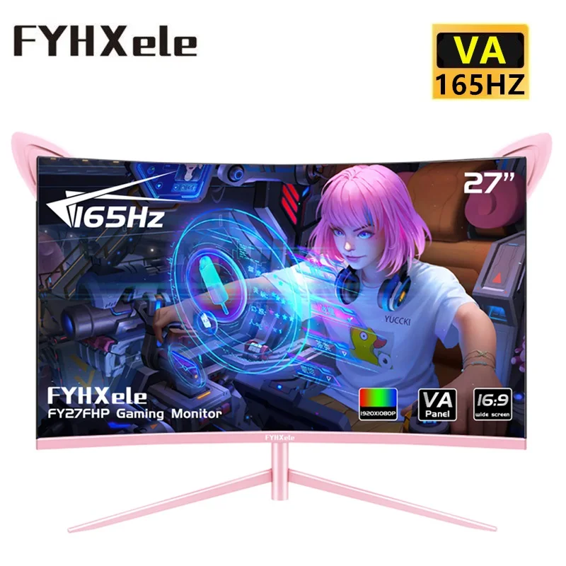 

FYHXele 27inch Monitor 2K Curved Pink Gaming Screen 165hz 1Ms For Girls Desktop Display Support G-Sync FreeSync Tilt Adjustable