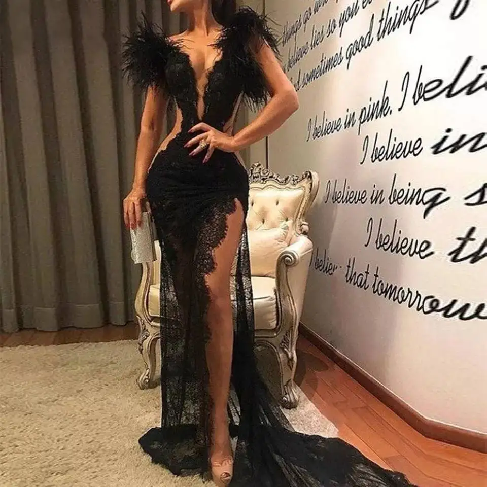 

Sexy Black Lace Women Maxi Dresses To Party High Split Long Prom Gowns Fluffy Feather One Shoulder Women Formal Party Dress