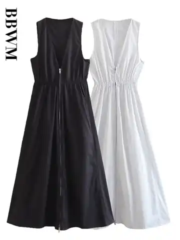 Women Dresses 2023 Summer Zipper Decorate Dress V Neck Vintage Sleeveless Midi Dress Elastic waist Chic Female Party Dresses