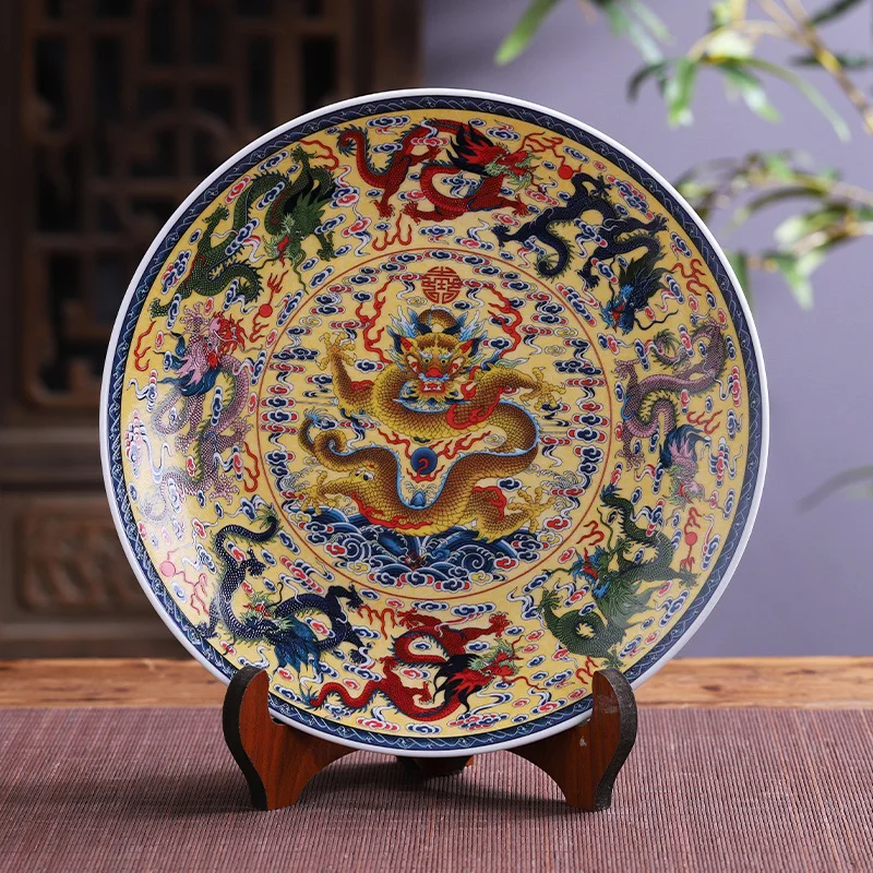 

Jingdezhen Porcelain Ceramic Feng Shui Nine Dragons Wall-Plate Large Decoration Plate New Chinese Style Home Decoration
