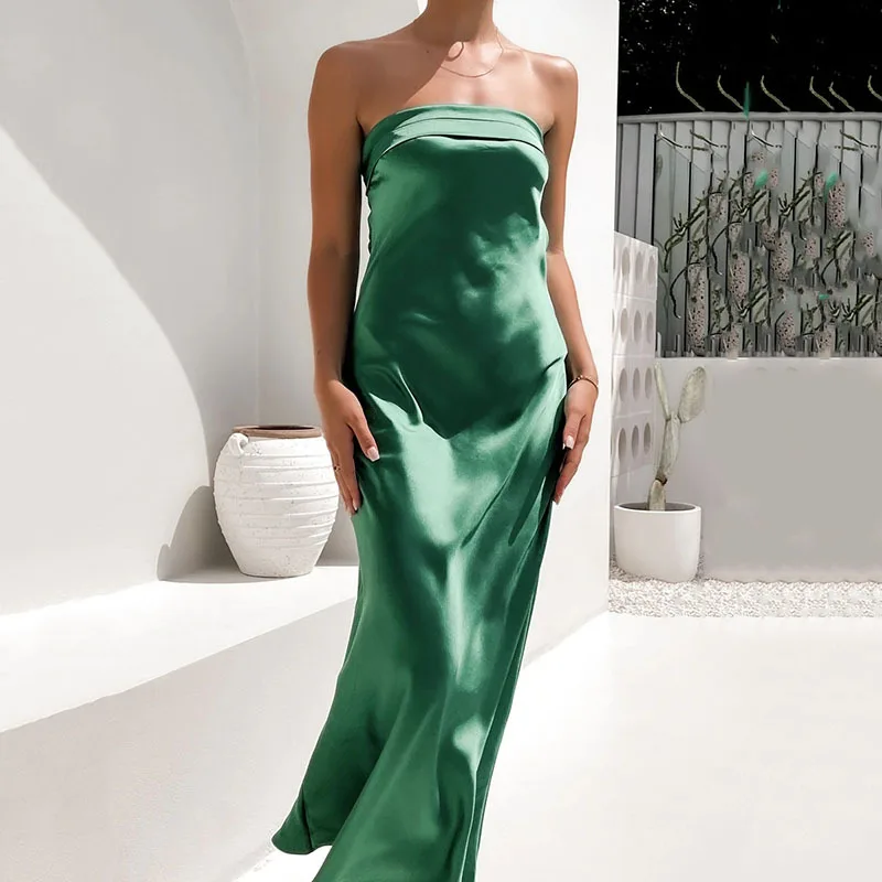 

Midi Satin Strapless Women Sexy Dress Bodycon 2022 Backless Green Summer Sleeveless Party Dresses Elegant Beach Club