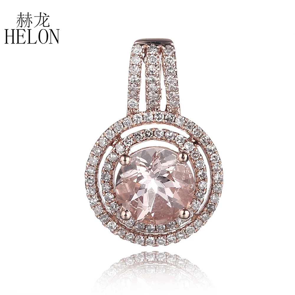 

HELON Solid 18k 14k 10K Rose Gold Round 7mm Natural Morganite Diamonds Engagment Pendant Women Fine Jewelry Gemstone Pendant