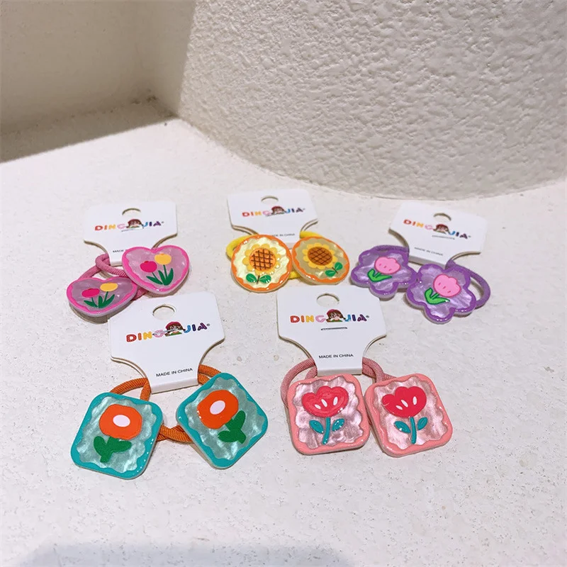 

1 Pair New Fashion Korean Sweet Girl Cute Colorful Love Flower Rubber Band Hair Rope Children's Ponytail Hair Accessories