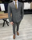 Мужские костюмы в полоску, серые двубортные деловые повседневные облегающие Свадебные смокинги для жениха, костюм на выпускной (пиджак + брюки)