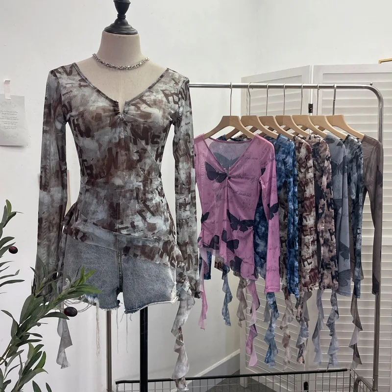 Женская Сетчатая футболка с длинным рукавом V-образным вырезом и оборками