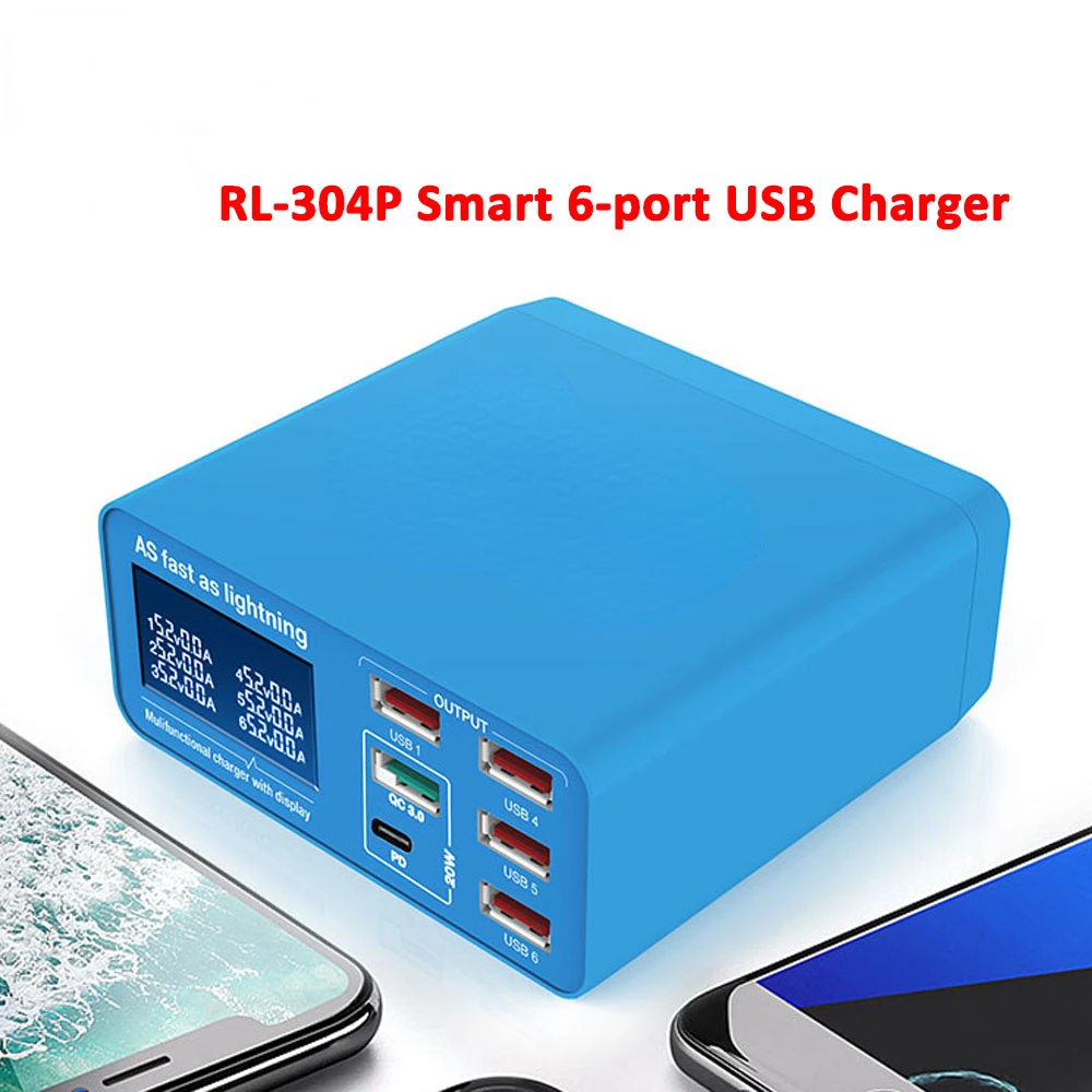 RL -304P PD3.0+QC3.0 Smart 6 USB Digital Display Lightning Charger Suitable for Charging All Mobile Phones and Tablets