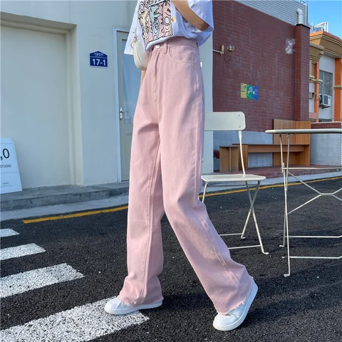 4 Sizes Causal Loose Basic Fashion Solid Light Pink White Pocket Simple Loose Button Fly Basic Women Summer Fashion Jeans
