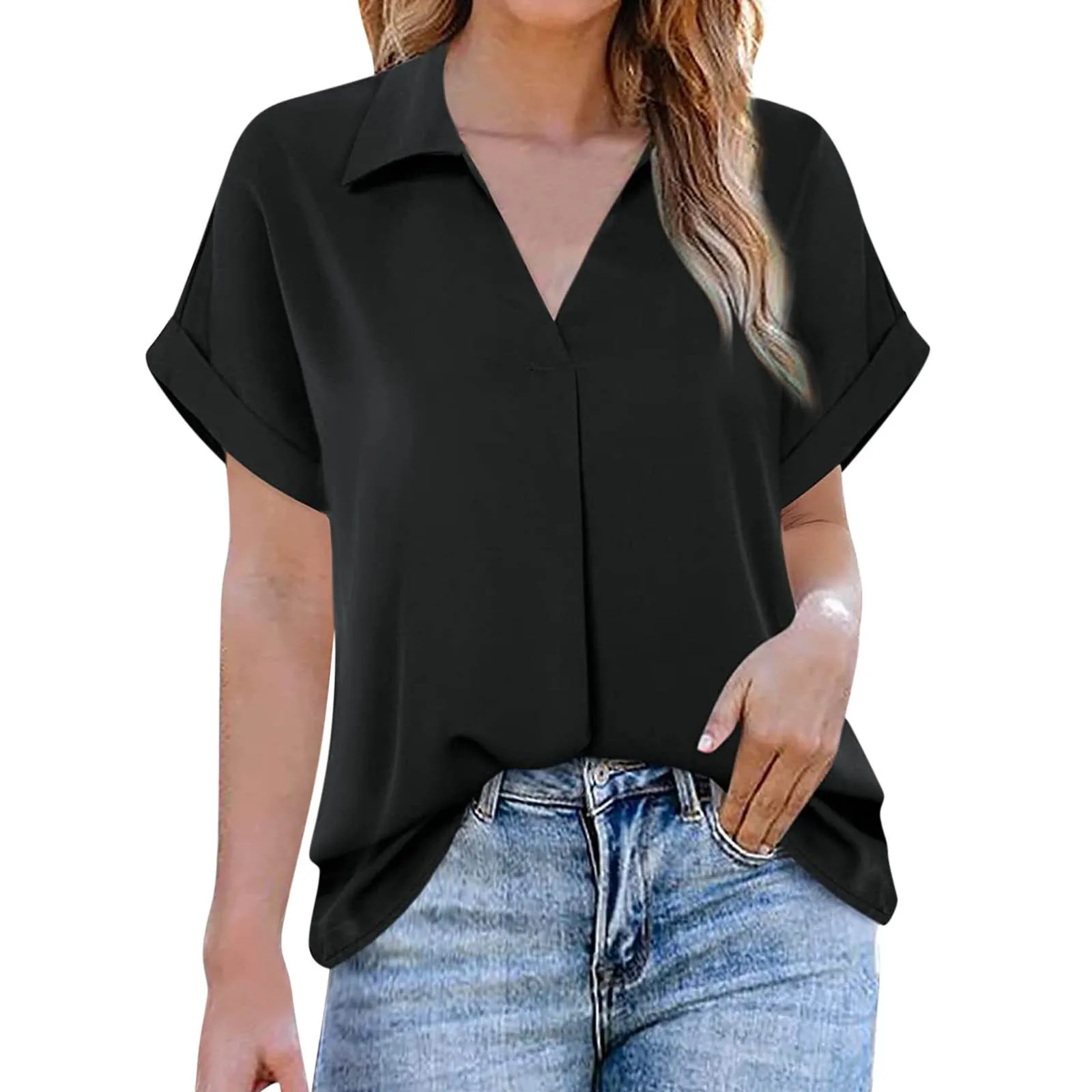 

Women v-neck t-shirts summer Formal Casual Solid Short Sleeve Shirt V Neck Fold Blouse Turndown Collar Loose Top girl tank top