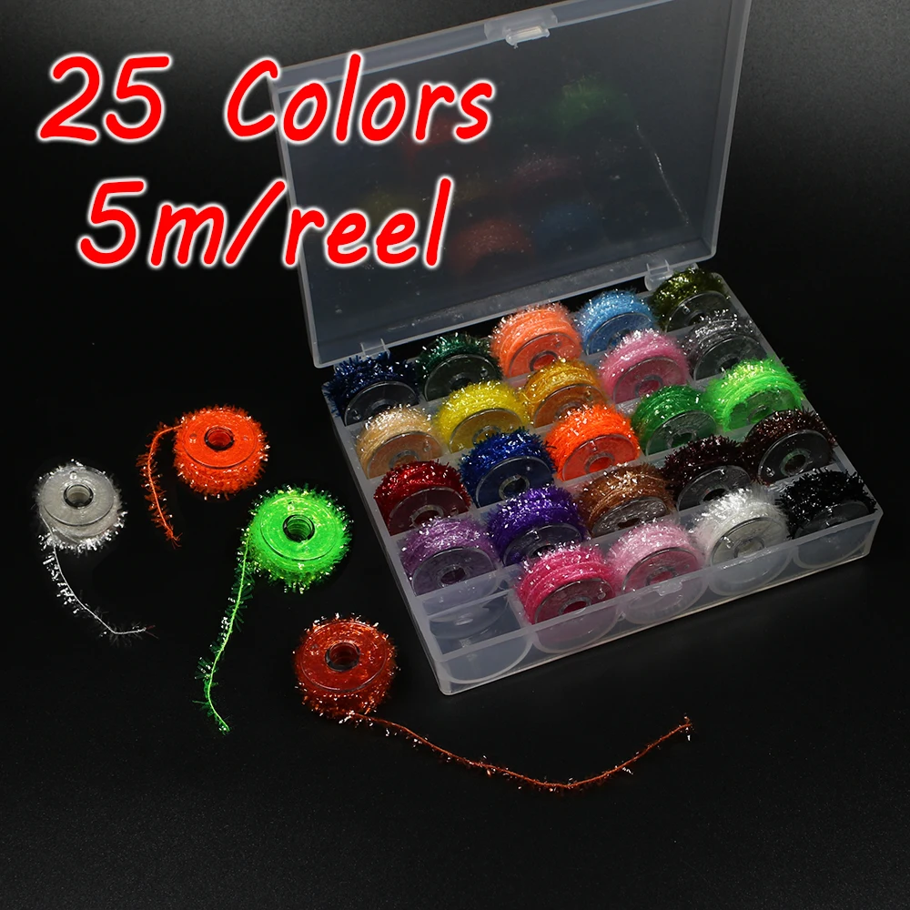 ICERIO 25 Colors 5m/reel Fly Tying Tinsel Chenille Material for Streamer Lures Crystal Flash Dubbing Fiber/Flex Hackle Material