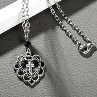 vintage tibetan silver cross pendant necklace gothic christ floral hollow heart necklaces for women men hip hop jewelry gift
