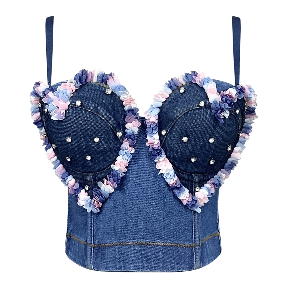 2022 New Denim Tank Top Women Beaded 3D Flower Decoration Push Up Bustier Bra Sexy Backless Cropped Tops Nightclub Party Camis