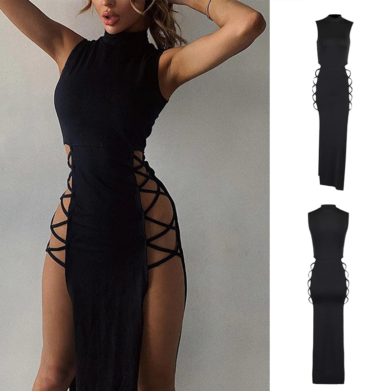 

Элегантное Черное Бандажное сексуальное платье без рукавов для женщин Клубное вечернее платье с открытой спиной облегающее модное летнее ...