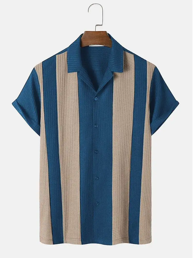 CharmkpR Casual All-match Tops New Men's Colorblock Stitching Knitted Blouse Male Lapel Collar Short Sleeve Button Shirts S-2XL