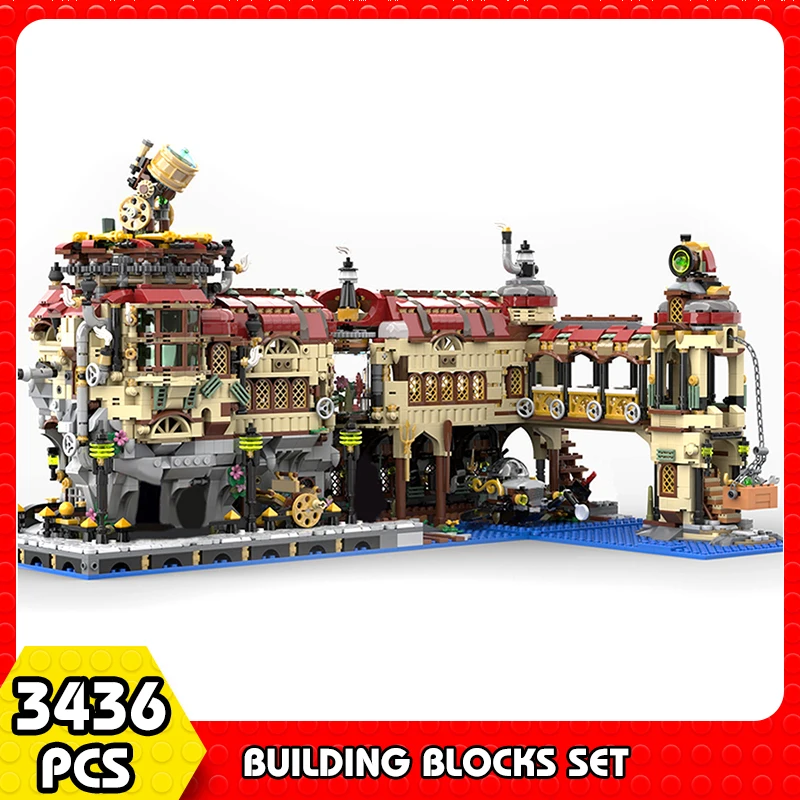 

MOC City Architecture Steam Punking Train Station Building Blocks Mechanical House German Steam Heavy Industry Bricks Kids Toys