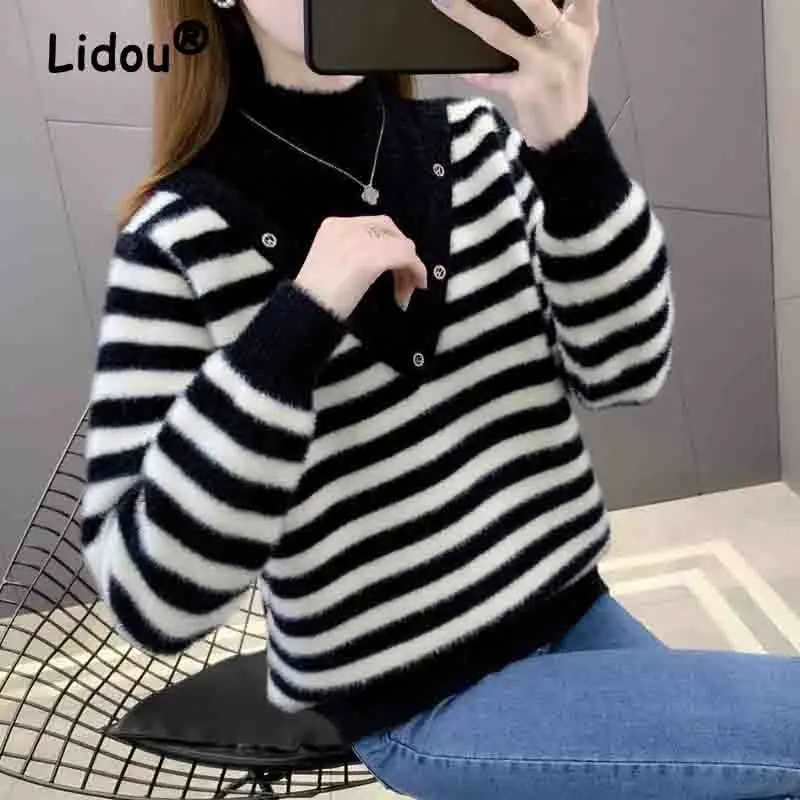 

Autumn Winter O-Neck Striped Knitted Mink Velvet Pullovers for Women 2022 New Turtleneck Sweater Casual All-match Korean Top