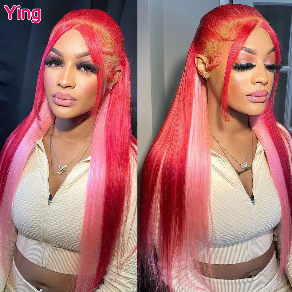 Ying Pink With Red 13X6 Bone Straight 13X6 Lace Frontal Wig Ying Hair 180% Brazilian Remy 613 13X4 Transparent Lace Front Wigs