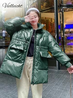 vielleicht 2022 women winter long jacket parkas bright shiny stand collar warm thicken padded female coat korean casual clothes