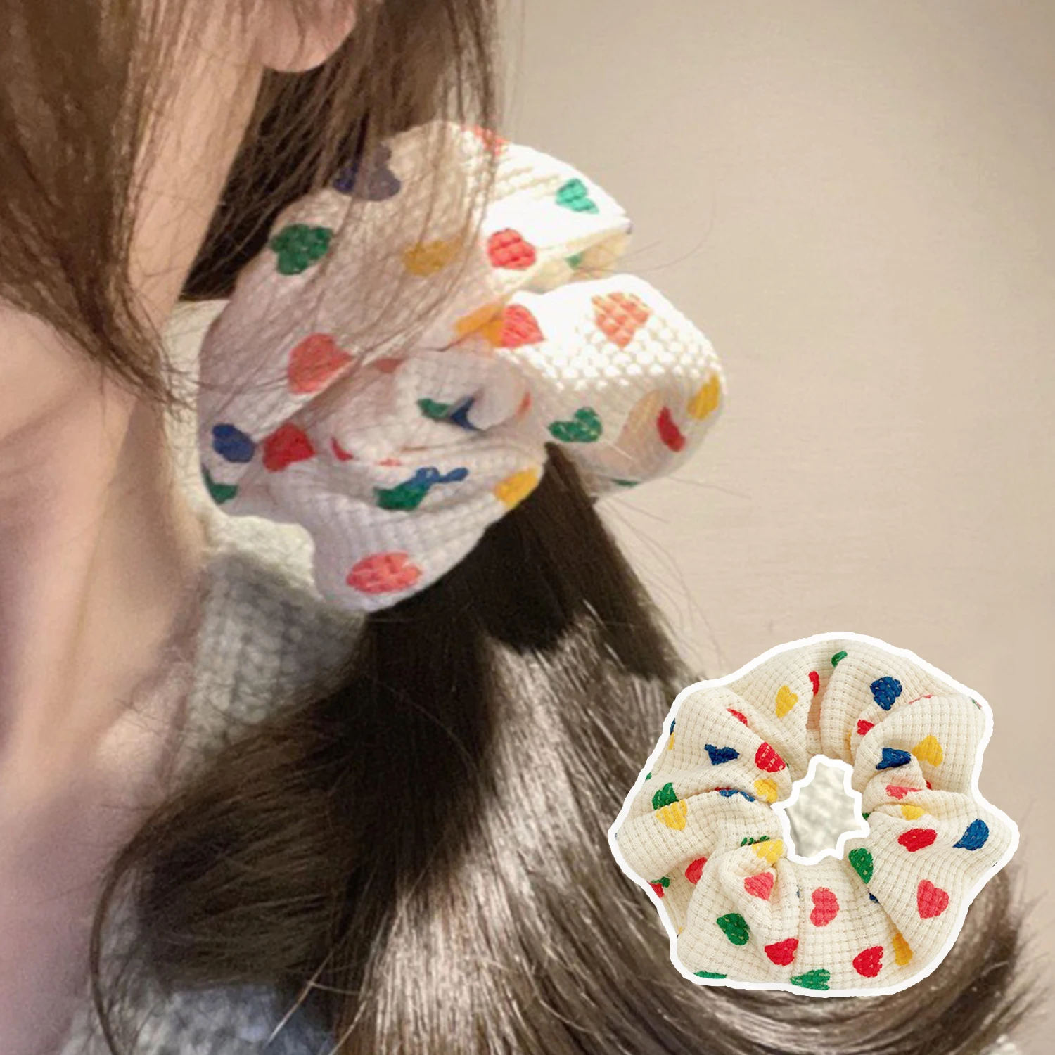 

2023 Sweet Beige Soft Cloth Hair Tie Ponytail Holder Scrunch Love Print Colorful Knitting Wide Elastic Hair Bands For Girls
