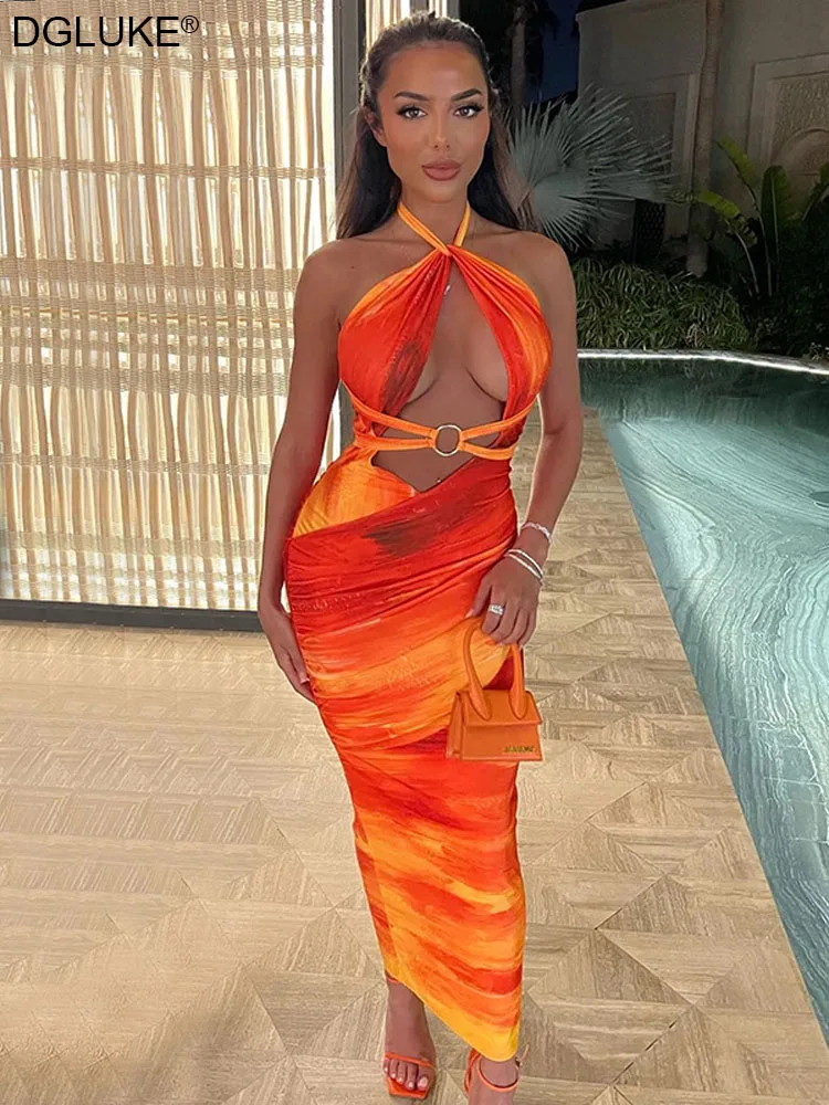 

Tie dye Halter Bandage Bodycon Dress Sexy Backless Cut Out Night Club Party Dress Women Wrap Ruched Midi Summer Dress Beach