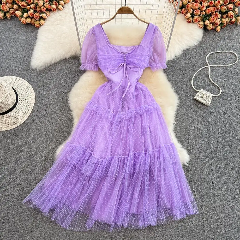 

Summer Sweet Women Mesh Ruffle Party Dress Purple/Red/Beige Square Collar Short Sleeve High Waist A-Line Vestidos Female New