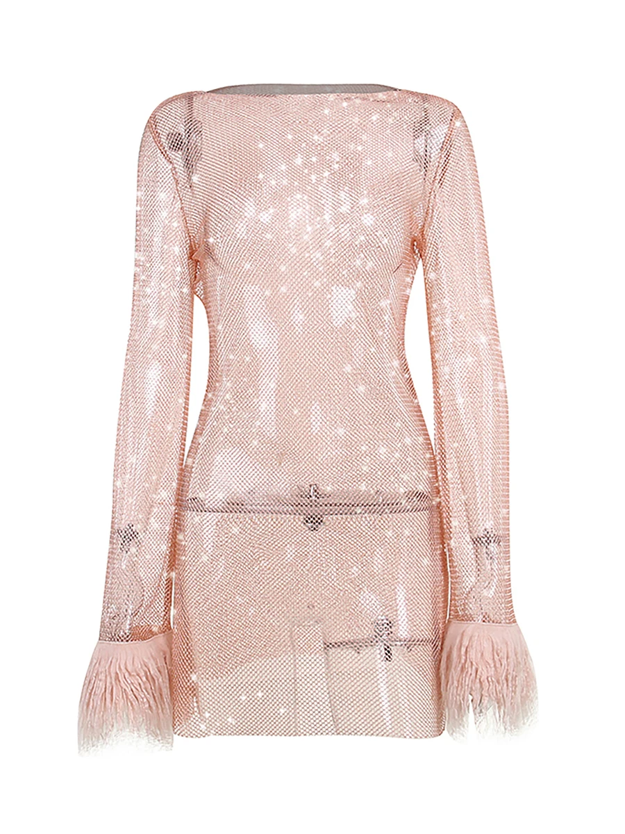 

Женское мини-платье с блестками, Сетчатое прозрачное облегающее платье с круглым вырезом, перьями и манжетами с длинным рукавом, блестящее ...