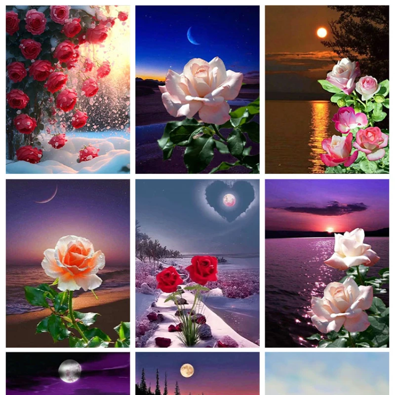 

Алмазная 5d-картина "сделай сам", луна, роза, Морской берег, цветок, искусственная мозаика, картина, полный набор для вышивки крестиком, домашний декор