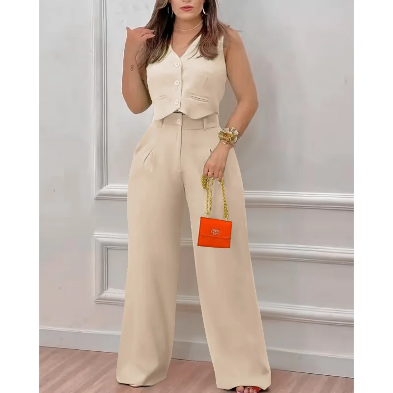 Women Sleeveless Buttoned V-neck Crop Top High Waist Pants Set Casual Two Piece Suit Sets Women Outfits Set Summer Outwear 2023