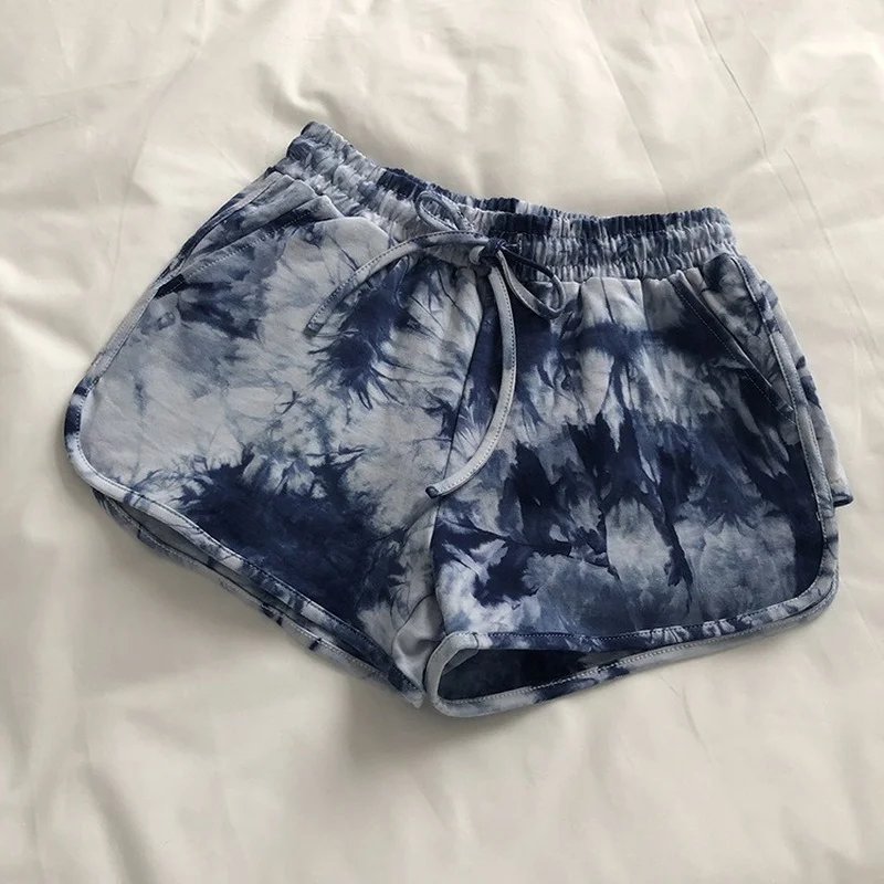 

Summer Casual Loose Print Female 2023 Tie-dye Sexy Drastring Milk Silk Shorts Women Black Wide-leg Short OL Fashion Streetwear