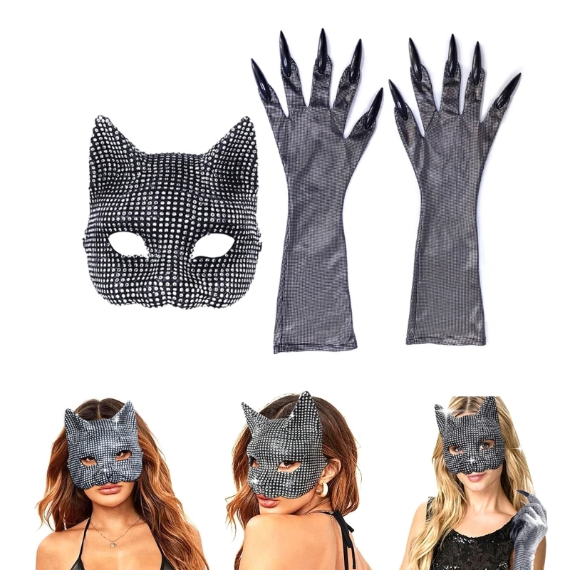 

Rhinestones Cat Mask Gloves Costume Catwomen Cosplay Party Costume Face Mask Stage Performances Props Roleplay Accessory